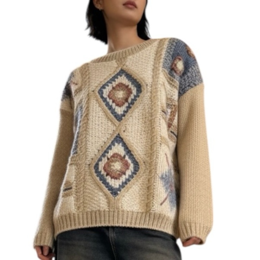 Vtg 90s Patchwork Cable Knit Fisherman Sweater M Ramie Neutral Artsy Bohemian